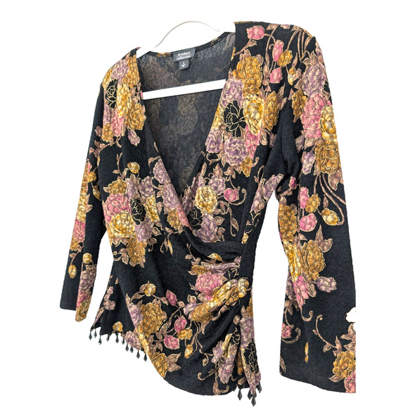 VTG Y2K Black Textured Metallic Floral Bead Trim Boho Whimisigoth Faux Wrap Top - Picture 10 of 12